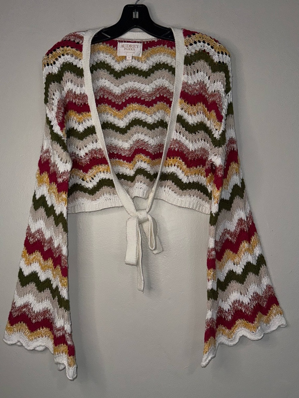 Crochet Tie-Front Cardigan in Cream with Olive, Pink & Gold Chevron - Picture 4 of 12